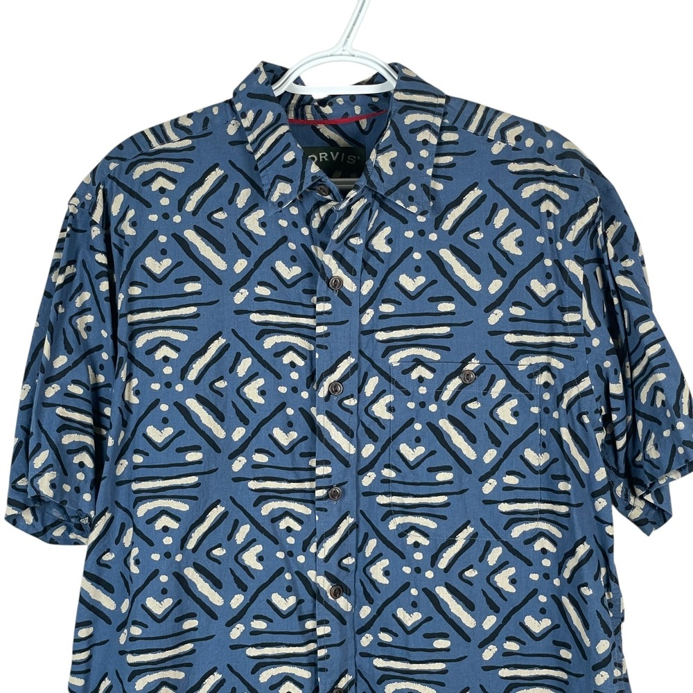 Orvis Shirt Mens M Blue Geometric Hawaiian Tribal Button Up Cotton Short Sleeve